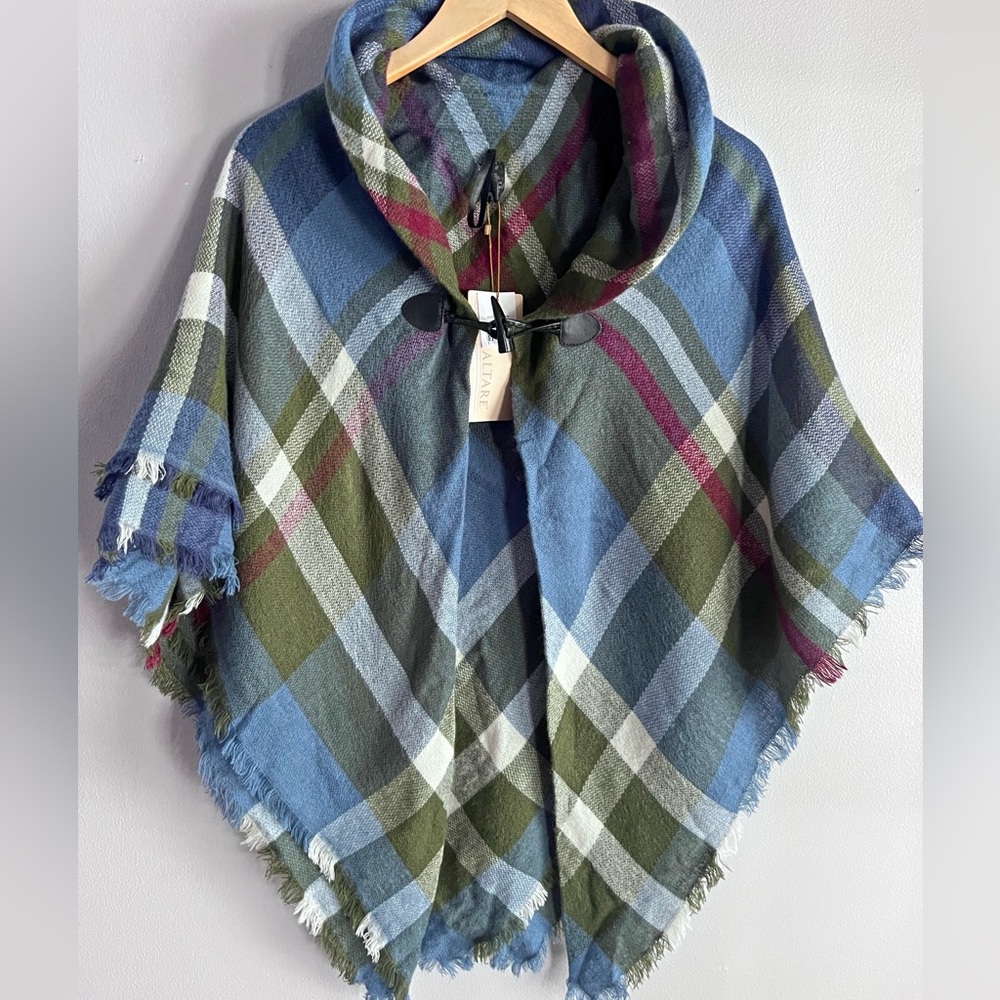 Altare Plaid Hooded Poncho Cape Toggle Fringe One Size Boho Cozy NWT
